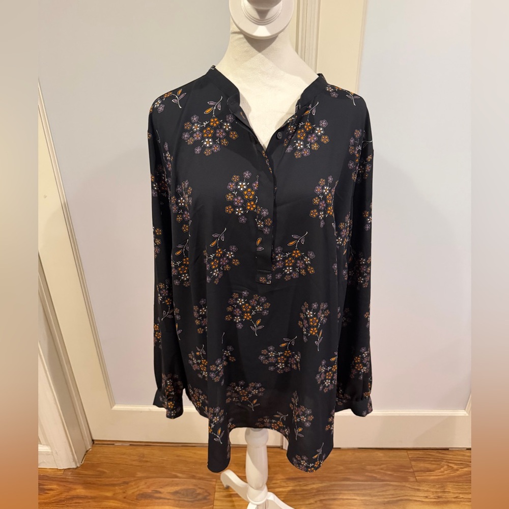 LOFT Black Floral Long-Sleeve Blouse